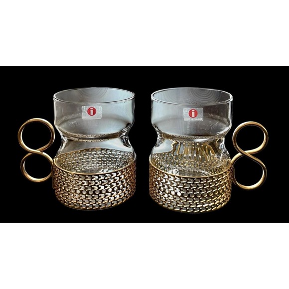 Iittala Other - Set‎ Of 2 Iittala Finland Tsaikka Glasses Metal Holder Timo Sarpaneva 8 oz